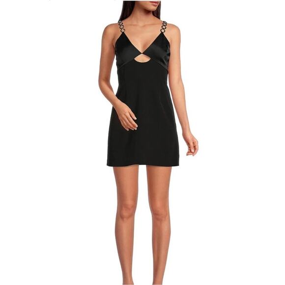 NWT Gianni Bini Penelope Crepe Black‎ Mini Dress Chain Straps Size 12 $159 MSRP - Picture 1 of 9